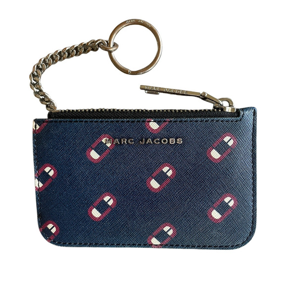 MARC JACOBS Navy Leather Double J Scream Logo Print Silver Key Ring Card Wallet - Picture 1 of 7